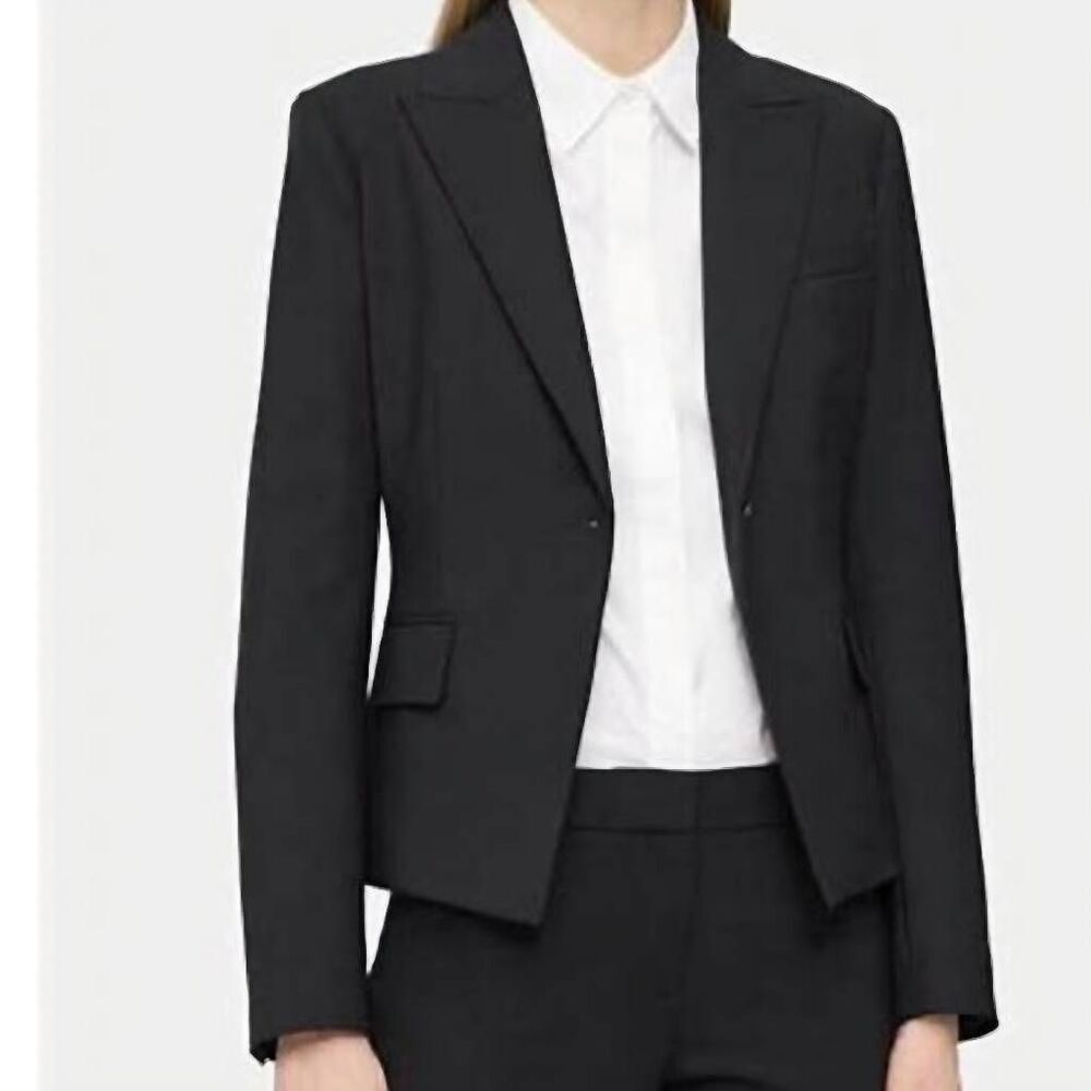 Theory Blazer Jacket 10 Black Traceable Wool Stretch Tailored Structured Career